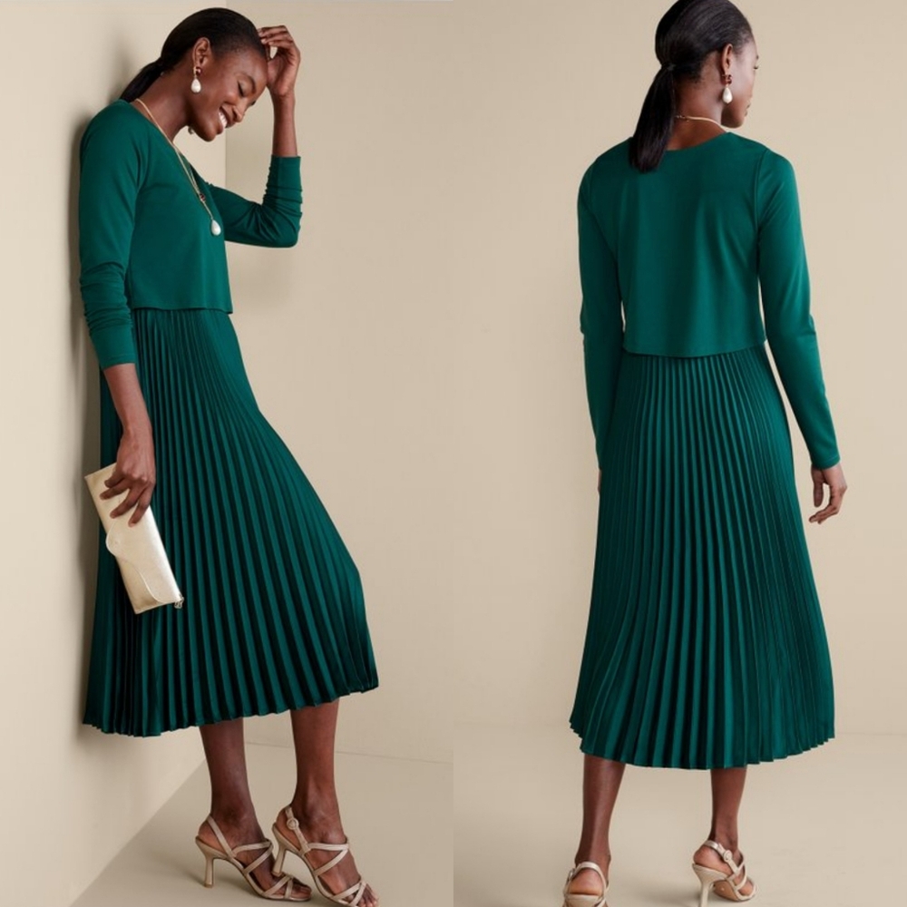 Soft Surroundings Women's Midi Cassandra Dress Jewel Green Pleated Skirt Large